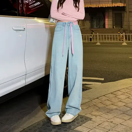 唐狮24春季新款牛仔裤女抽绳阔腿裤时尚设计显瘦韩版潮流高街裤子图片
