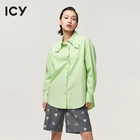 icy女装新款时尚通勤风简约翻领宽松纯色小花衬衫女上衣长袖图片