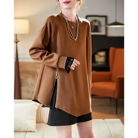 宝诗黎圆领宽松慵懒卫衣2024春季简约纯色新款百搭棉质休闲上衣女图片