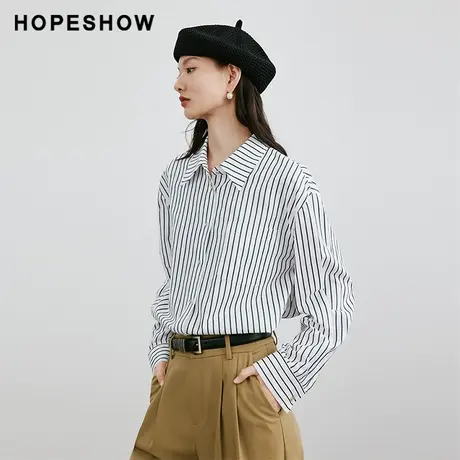 红袖条纹落肩翻领衬衫hopeshow2024春季新款通勤简约休闲百搭上衣图片
