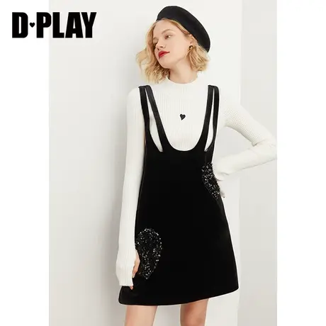DPLAY秋新黑色简约学院风设计师款双背带直筒A字背带裙图片