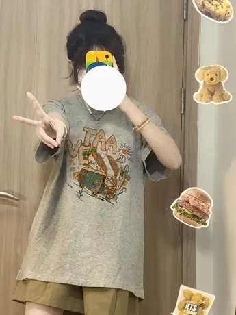 灰色短袖t恤女夏季韩版宽松小众设计感复古港味chic上衣小个子ins商品大图