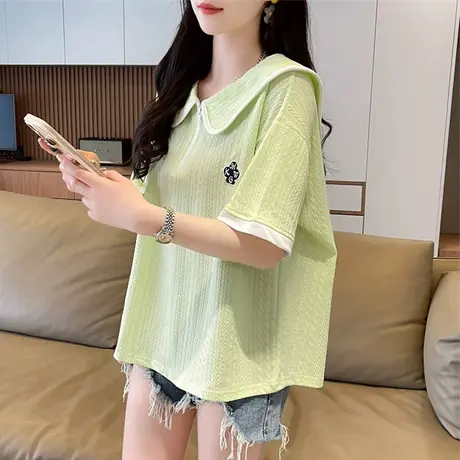 设计感小众娃娃领短袖t恤女夏季韩版宽松大码polo领假两件上衣服商品大图
