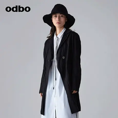 odbo/欧迪比欧复古气质西装外套女春季新款收腰显瘦中长黑色西服图片