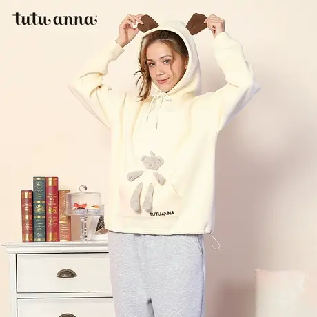 tutuanna秋冬款睡衣女春秋款可爱动物卡通加绒连帽长袖套头上衣女图片