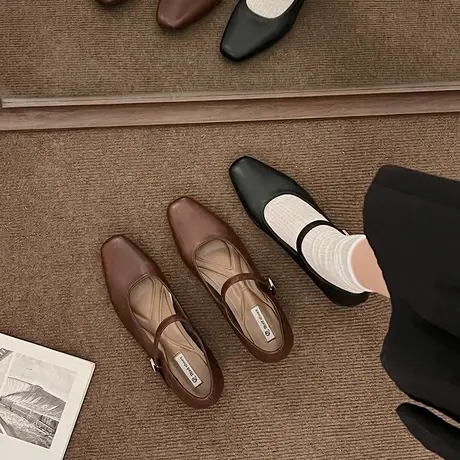 方头玛丽珍鞋女2024年春夏季新款复古百搭浅口单鞋法式粗跟小皮鞋商品大图