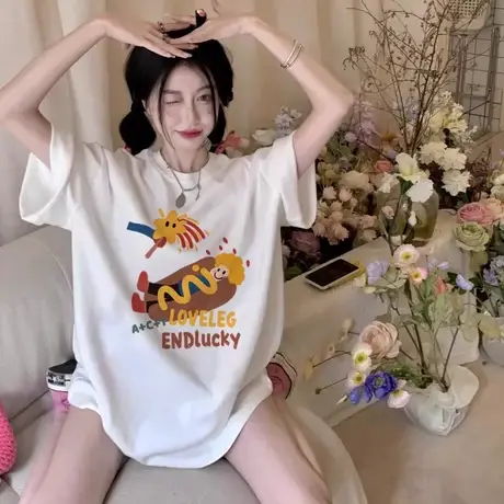 白色纯棉短袖t恤女潮牌新款2024年夏季小众设计感宽松大版正肩衣商品大图