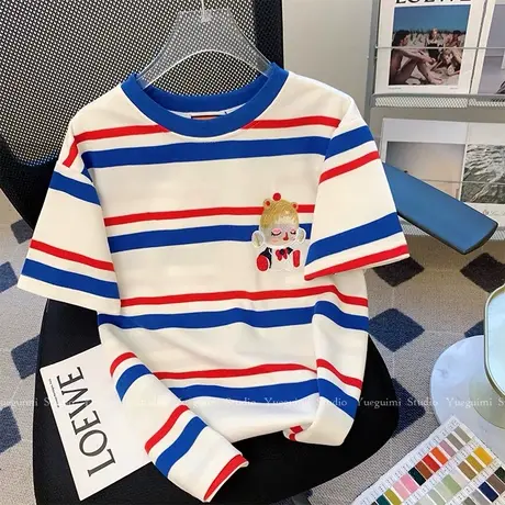 条纹短袖t恤女夏季2024新款宽松设计感小众洋气减龄休闲半袖上衣图片