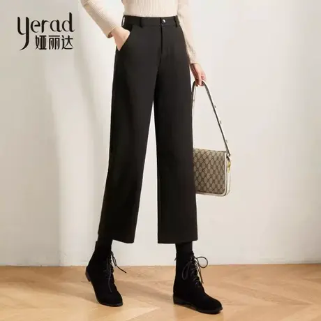 娅丽达女裤毛呢阔腿裤女秋冬2023新款高腰显瘦保暖呢子九分直筒裤图片