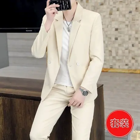 休闲西服套装男士潮流春秋季轻熟风韩版宽松垂感双排扣小西装外套商品大图