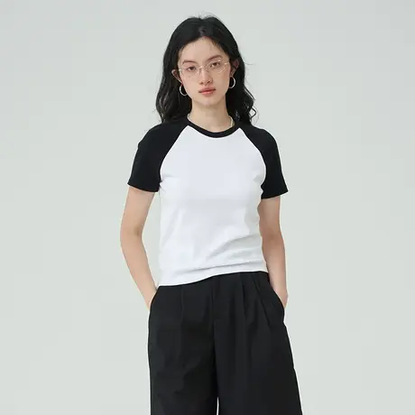 omont蛋挞家 复古撞色插肩袖上衣2023夏季新款圆领显瘦短袖T恤女商品大图