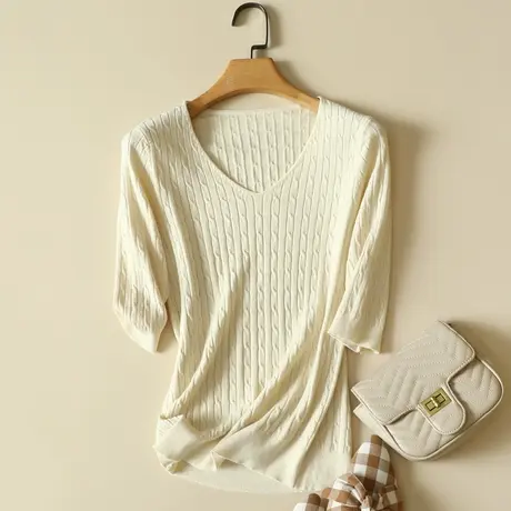 五分袖打底衫女春装时尚洋气内搭V领修身麻花中袖毛衣针织衫上衣商品大图