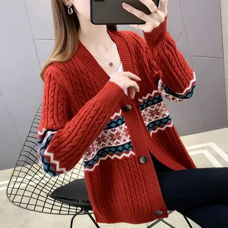 毛衣外套女2022年新款拼色提花针织开衫慵懒风宽松外穿长袖上衣女商品大图