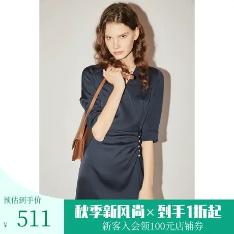 [百褶魅力]恩裳COVER初春秋直身收腰气质斜纹肌理感抽褶连衣裙图片