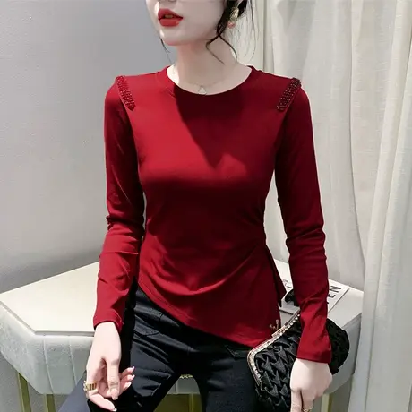 不规则开叉圆领T恤女长袖欧货烫钻钉珠拼接上衣ins洋气修身打底衫商品大图