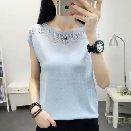 冰丝镂空针织衫女短袖t恤2020年新款夏季圆领薄款半袖体恤内搭潮商品大图