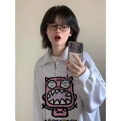 美式重磅半拉链卫衣女春秋新款polo衫日系长袖小众欧美hiphop上衣商品大图