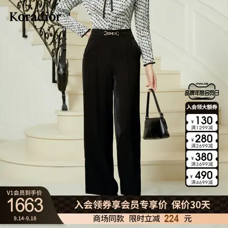 珂莱蒂尔女装2023秋季新款通勤百搭高腰直筒阔腿黑色休闲裤图片