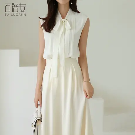 百洛安洋气飘带衬衫女夏季新款韩版气质通勤简约百搭无袖衬衣上衣图片