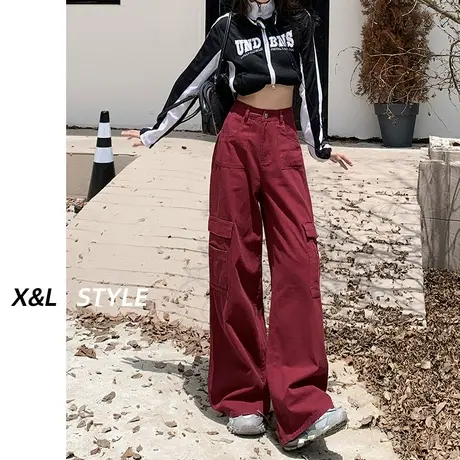 红色工装裤女秋季2023年新款高腰直筒休闲美式设计感运动拖地裤子商品大图