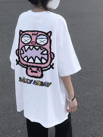 美式复古纯棉正肩短袖t恤女夏季宽松原宿风设计感小众半袖上衣服图片