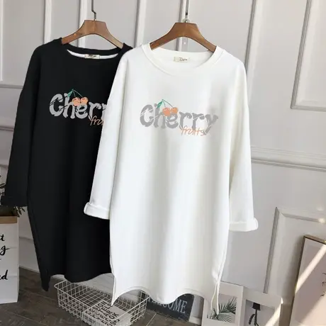 纯棉白色打底衫女内搭春秋装宽松字母印花长袖t恤女中长款上衣潮商品大图