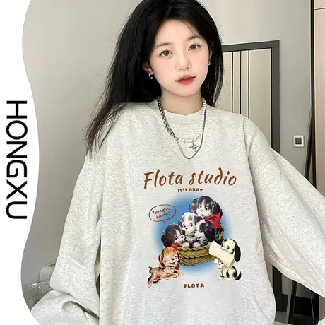 红续2023春秋新款韩版灰色圆领卫衣oversize显瘦百搭加厚打底上衣图片