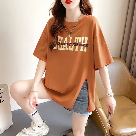 小个子短袖t恤女夏装韩版宽松大码中长款不规则开叉半袖上衣服潮图片