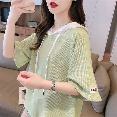 小众设计感连帽短袖t恤女夏季韩版宽松大码撞色小个子华夫格上衣图片