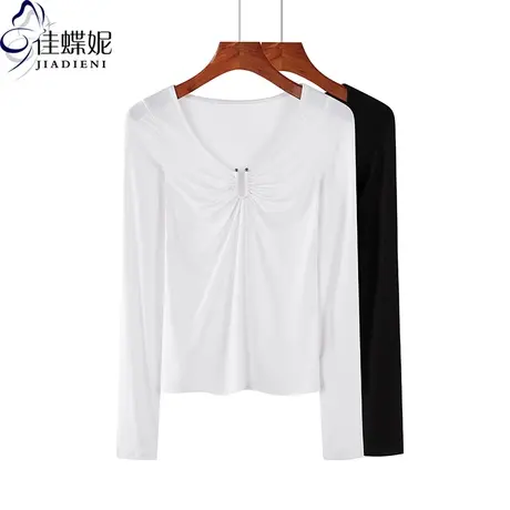 秋季新款韩版纯棉修身显瘦圆领纯色长袖体恤上衣内搭女装外穿商品大图