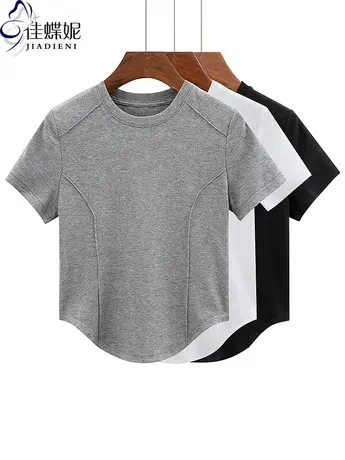 夏季新款韩版圆领下摆圆弧修身显瘦纯棉纯色短袖T恤上衣内搭女装图片