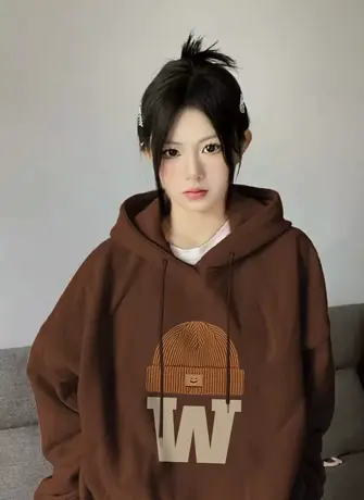 棕色连帽卫衣女春秋薄款小众设计感美式复古宽松慵懒风外套上衣潮商品大图