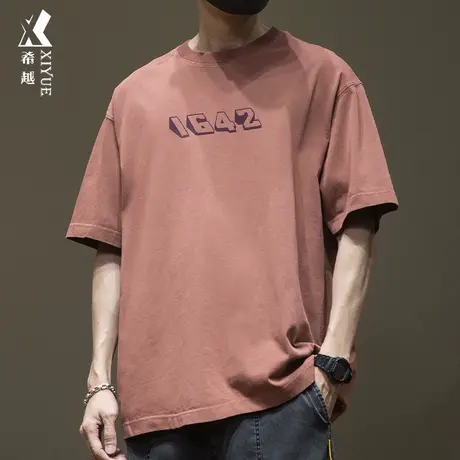 夏季砖红色数字印花短袖t恤男250g重磅纯棉宽松大码五分袖体恤衫图片