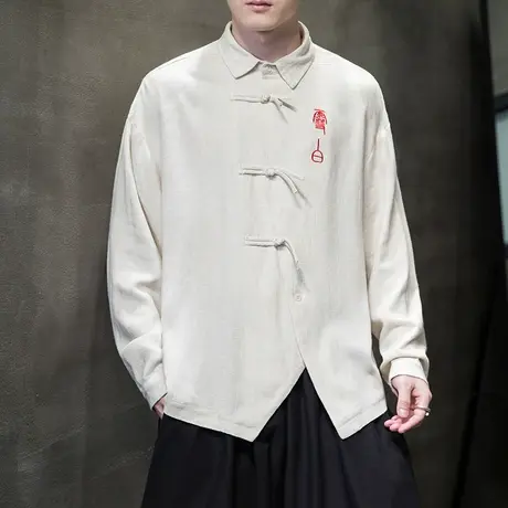 新中式男装亚麻衬衫男长袖夏季中国风休闲棉麻衬衣国潮盘口唐装男商品大图