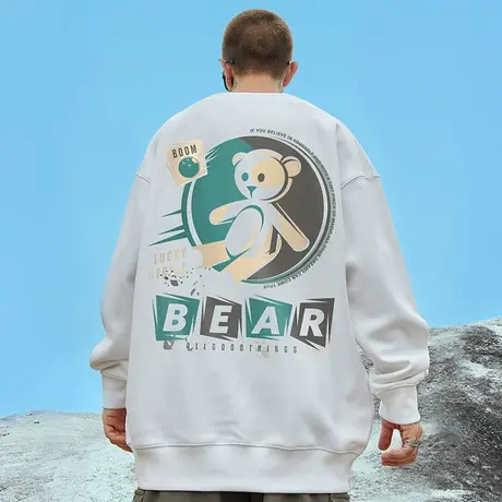 潮牌胖子男装圆领宽松小熊上衣加肥大码情侣装加绒卫衣潮ins冬季商品大图