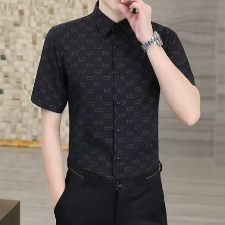 冰丝短袖衬衫男夏季休闲竹纤维弹力衬衣高级感高端修身韩版寸衫潮商品大图