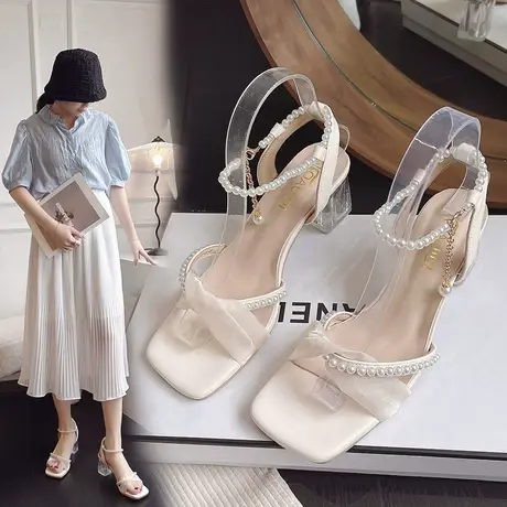 仙女风气质名媛配裙子的高跟凉鞋女2023年新爆款夏季透明粗跟珍珠商品大图