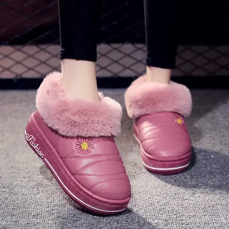冬季棉拖鞋女包跟厚底居家PU皮防水加绒室内保暖高跟防滑毛绒棉鞋商品大图
