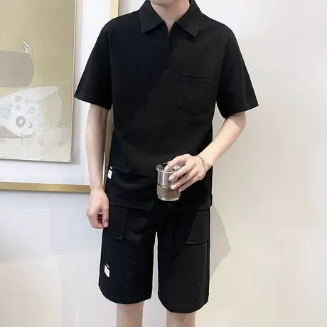夏季休闲运动套装潮流宽松纯色短袖POLO衫五分短裤痞帅男装两件套图片