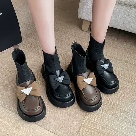 厚底短靴女2024新款秋季法式蝴蝶结弹力袜瘦瘦靴子连袜乐福小皮鞋商品大图