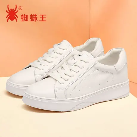 蜘蛛王女鞋春季新款透气真皮白色休闲鞋百搭小白鞋圆头软底板鞋女商品大图