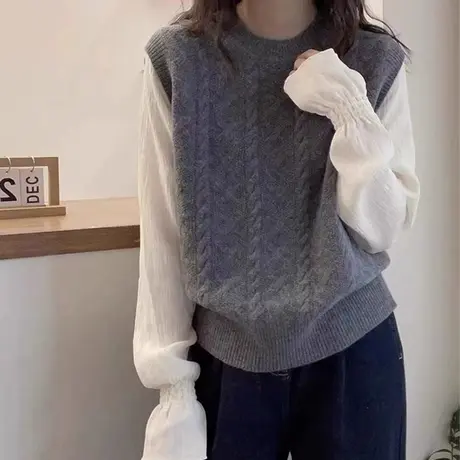 针织马甲女春季2024年新款圆领纯色学院风内搭洋气马夹背心上衣女商品大图