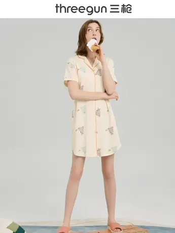 三枪睡裙女22年夏季新款薄款翻领开襟睡衣棉质甜美时尚性感家居裙图片