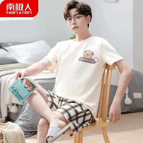 男士睡衣男款夏季纯棉短袖薄款夏天短裤套装青少年格纹家居服夏款商品大图