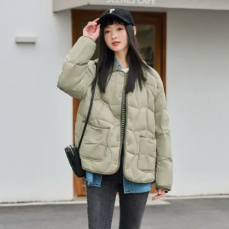 坦博尔2023年新款羽绒服女轻薄短款翻领韩版落肩拼接百搭秋冬外套商品大图