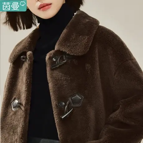茵曼牛角扣羊羔绒大衣女2023新款秋冬季气质长款毛绒棉衣加厚外套商品大图
