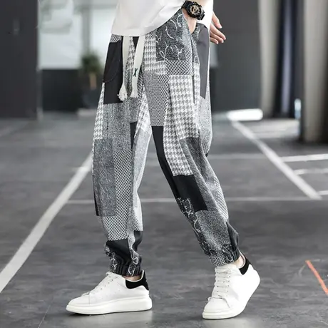 裤子男士夏季冰丝休闲长裤男潮牌拼色块九分束脚裤春秋季系带男裤商品大图