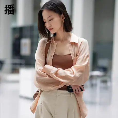 播2024春季新款休闲翻领纽扣门襟口袋装饰长袖衬衫女DDQ3CD5055商品大图