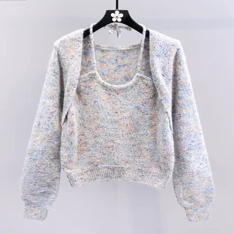 韩系挂脖系带假两件毛衣女秋冬2023新款时尚拼接显瘦长袖针织上衣商品大图