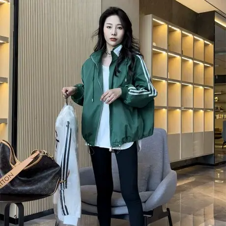 设计感小众连帽抽绳三条杠外套女欧洲站春季宽松百搭长袖开衫上衣商品大图